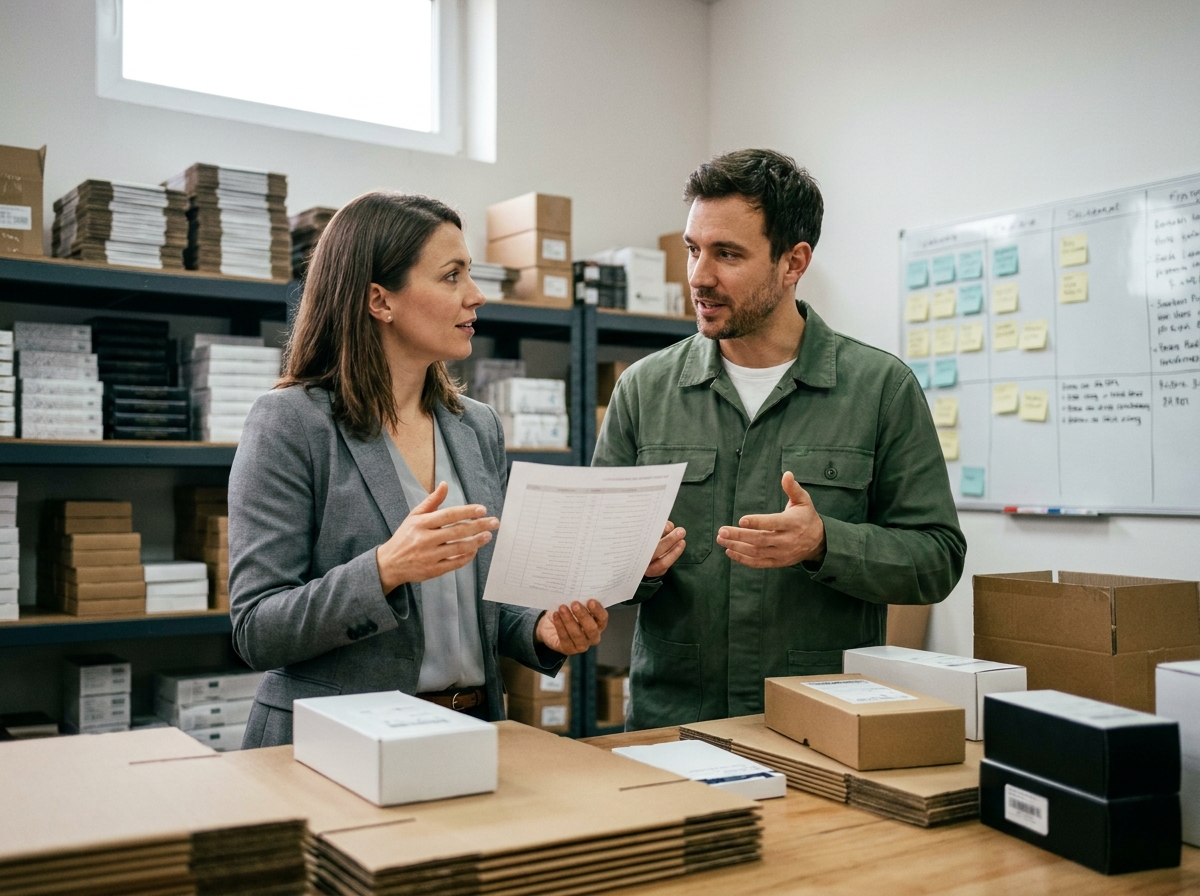 Deux collègues collaborant sur un inventaire physique dans une réserve pour améliorer l'organisation de l'entreprise