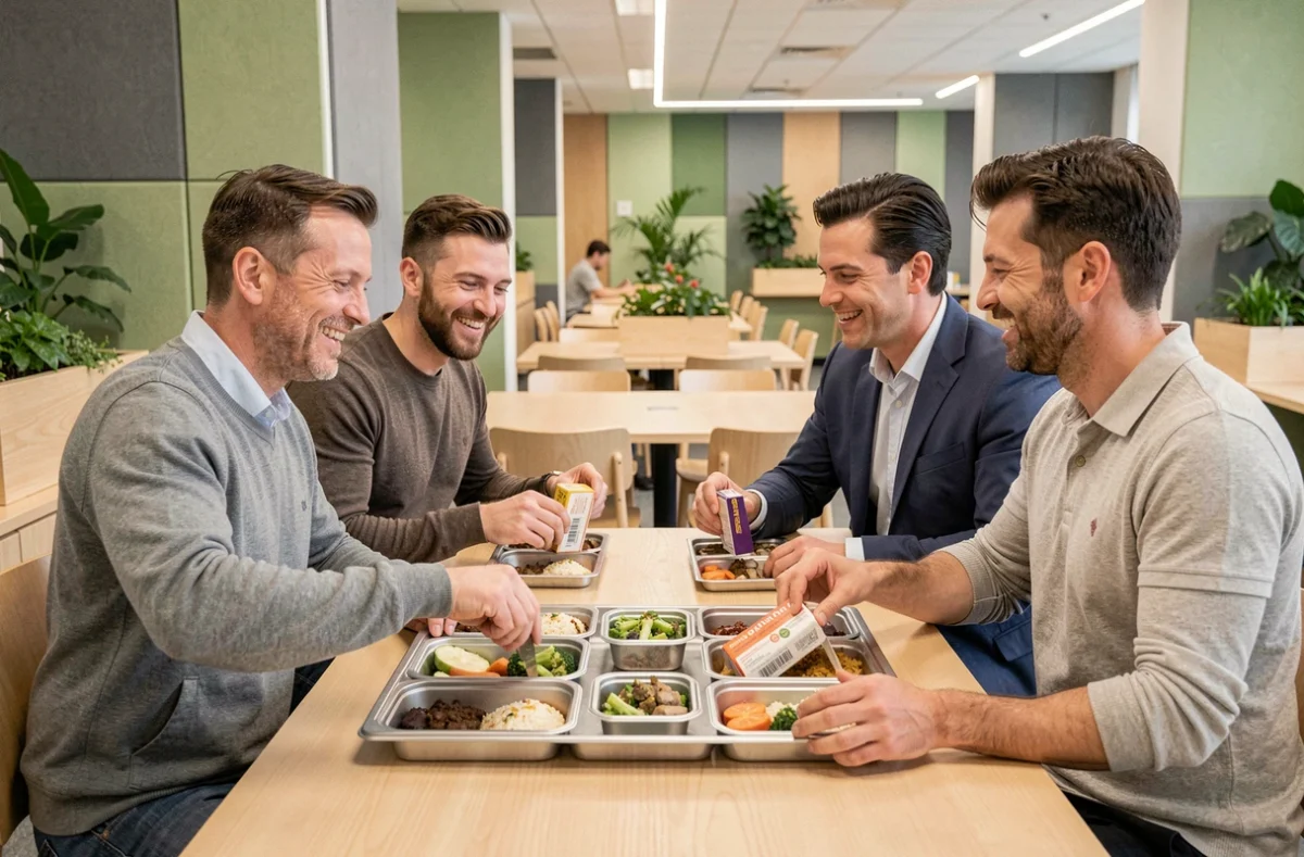 Groupe de collègues partageant des repas livrés ensemble à la cafétéria d'entreprise dans le cadre d'une politique de qualité de vie au travail