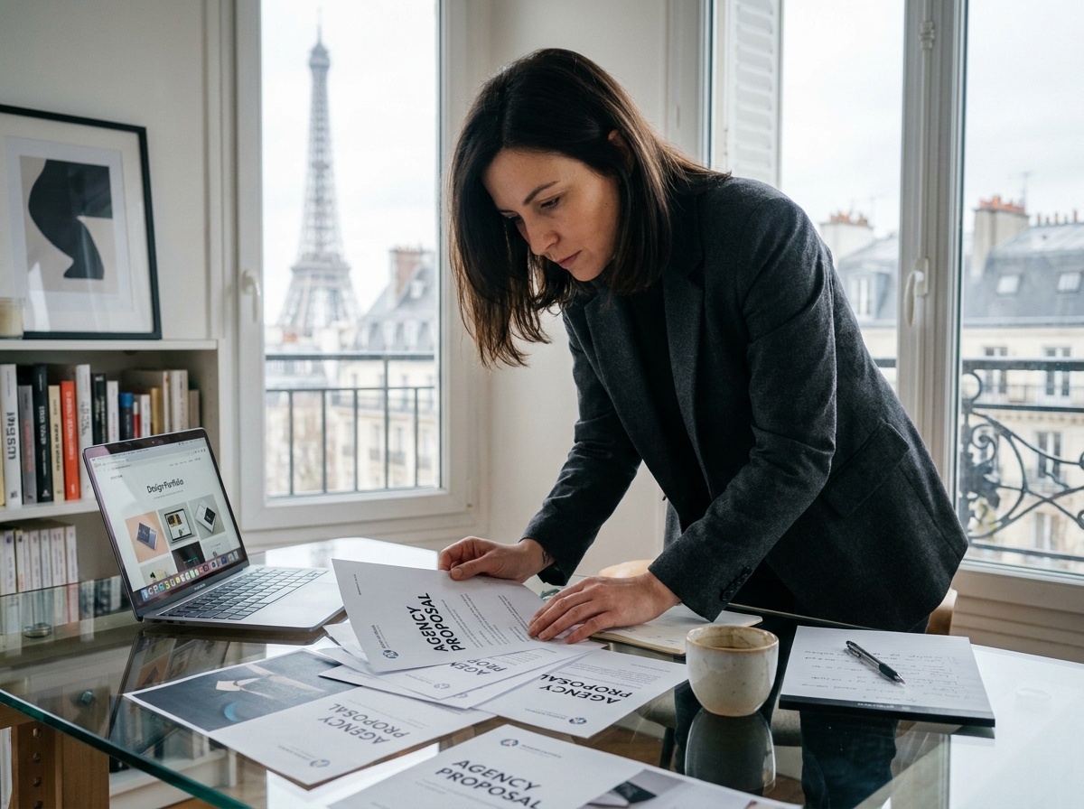 Femme entrepreneur comparant des propositions d'agences web parisiennes avant de choisir un prestataire pour son site internet