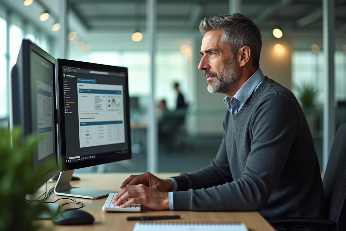 Employé comparant deux portails d'accès en ligne sur double écran dans un bureau partagé