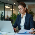Femme professionnelle comparant des ressources B2B en ligne et imprimées dans un bureau moderne