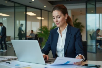 Femme professionnelle comparant des ressources B2B en ligne et imprimées dans un bureau moderne