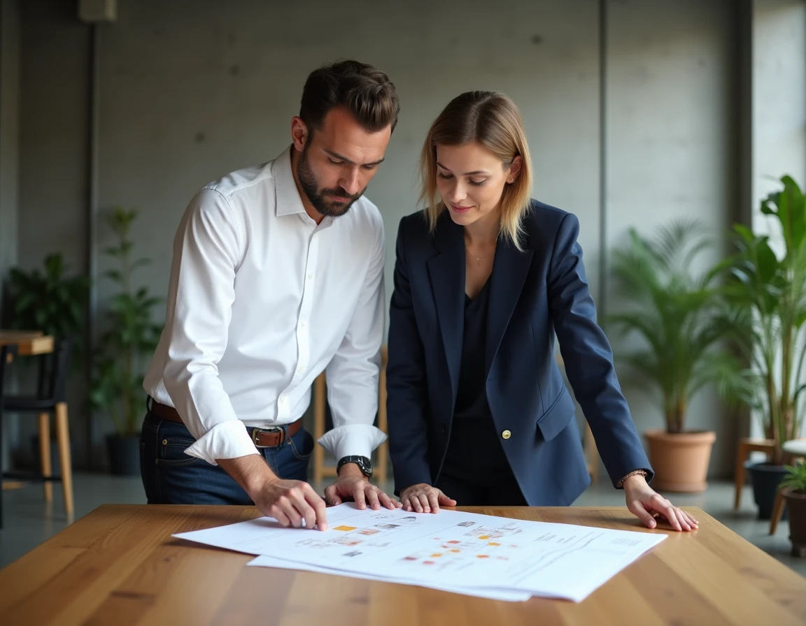 Deux professionnels comparant un organigramme de structures juridiques dans un espace de coworking, représentant les distinctions entre SDLS et SDLS Invest
