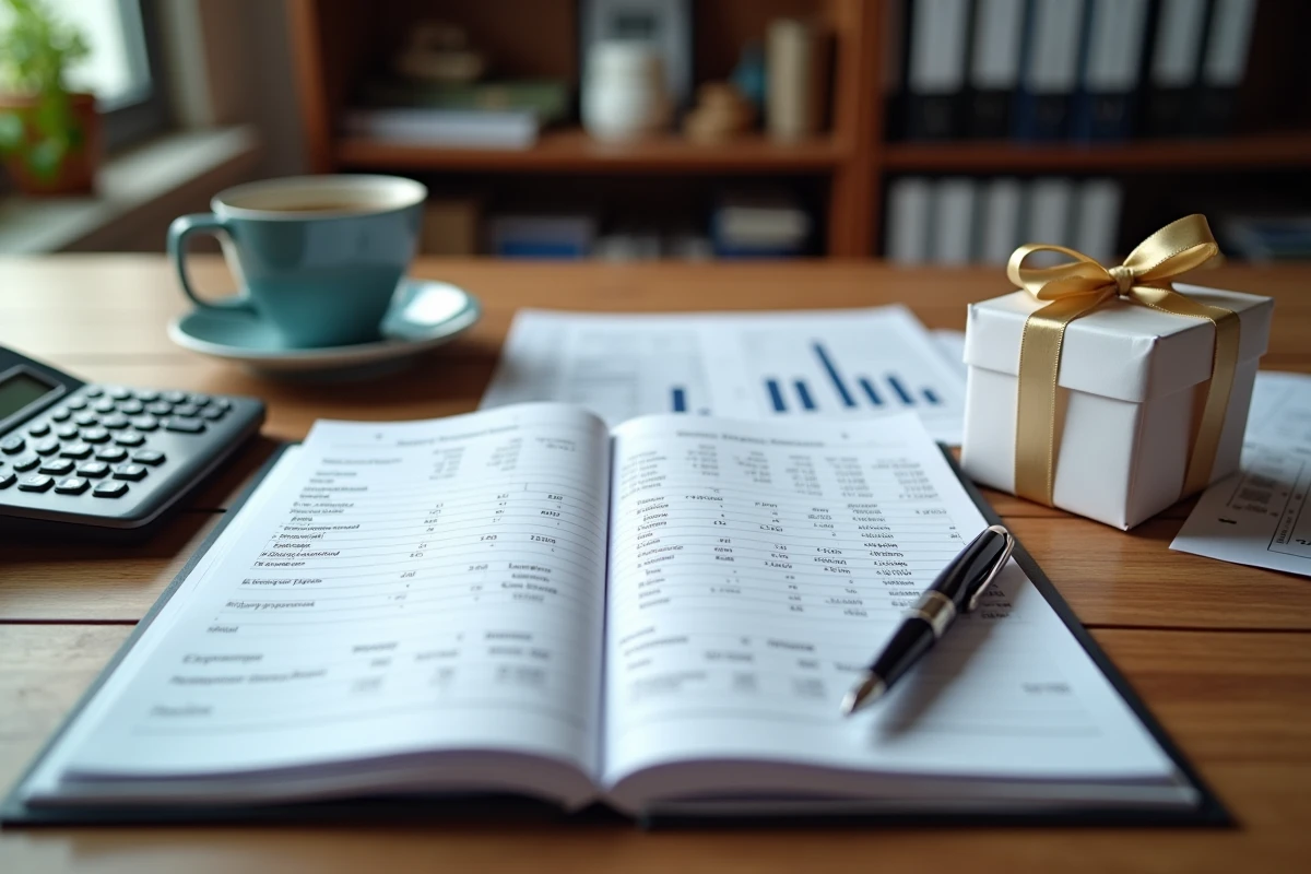 Registre comptable ouvert à côté d'un cadeau d'entreprise sur un bureau avec des documents financiers
