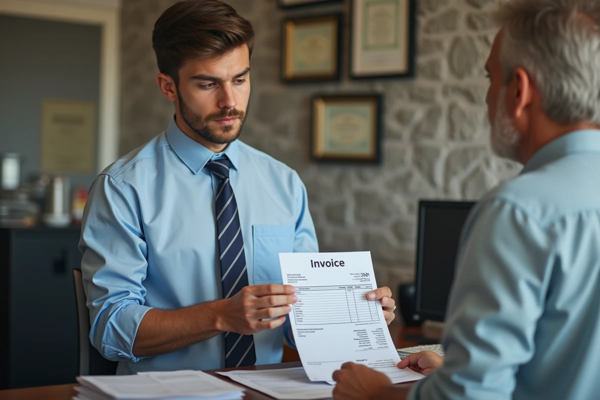 Jeune comptable montrant une facture payee a un client dans un espace de reception