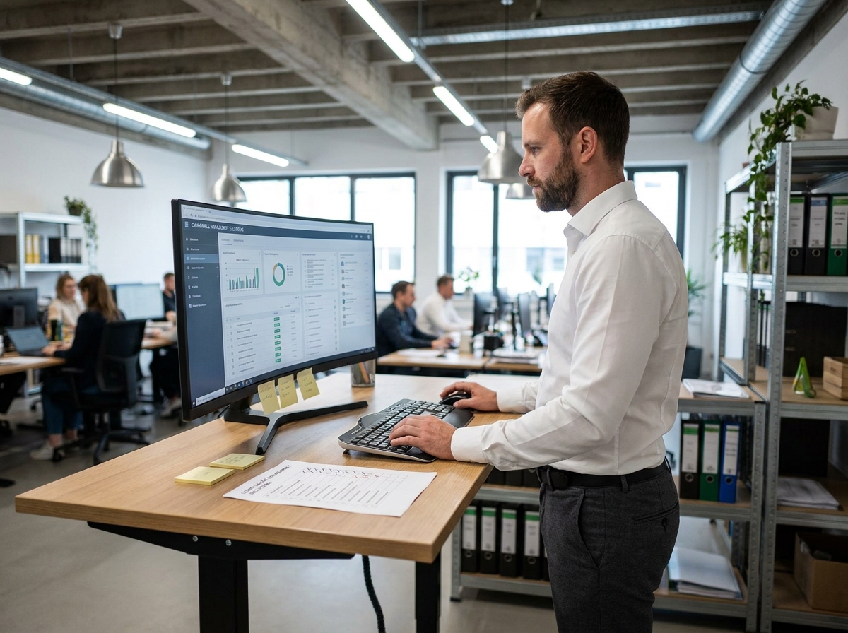 Manager vérifiant la conformité des contrats cadre sur un logiciel dans un open space
