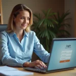 Femme professionnelle se connectant à un extranet de services à domicile depuis son bureau à la maison