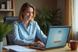 Femme professionnelle se connectant à un extranet de services à domicile depuis son bureau à la maison
