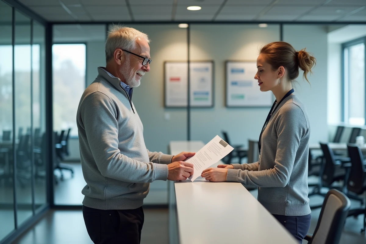 Homme senior recevant des documents administratifs auprès d'une conseillère dans un bureau de services publics
