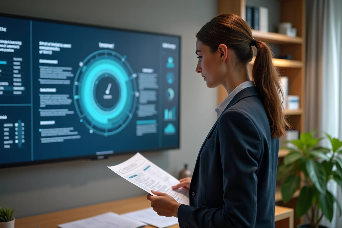 Jeune femme en blazer examinant documents et écran