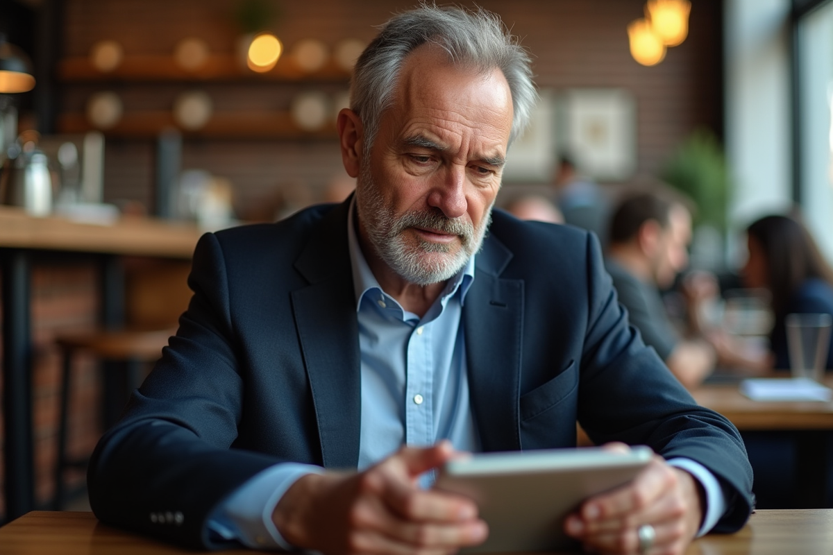 Consultant travaillant sur une tablette dans un café cosy