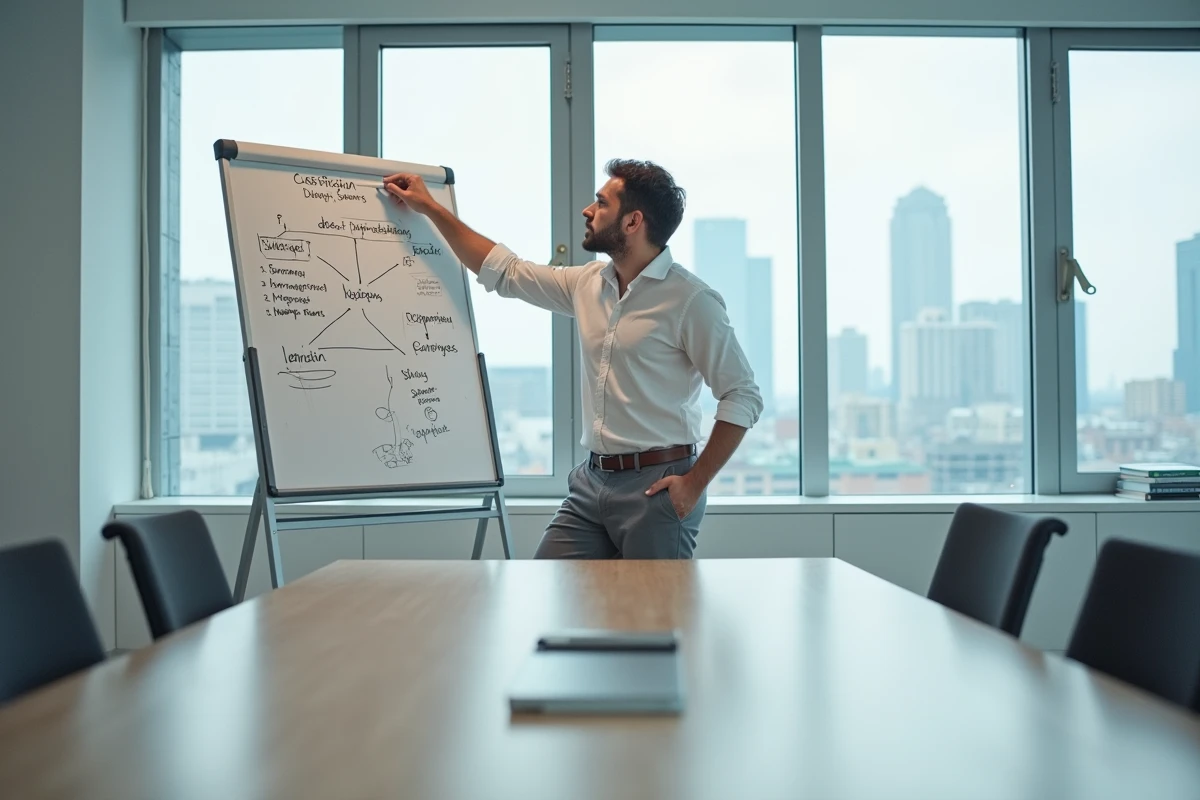 Consultant présentant des classifications de catégories socioprofessionnelles sur un tableau blanc en salle de réunion