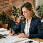 Consultante en portage salarial analysant ses documents de mission dans un espace de coworking moderne