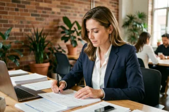 Consultante en portage salarial analysant ses documents de mission dans un espace de coworking moderne