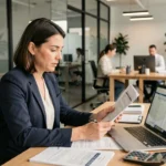 Femme consultante en portage salarial analysant des documents financiers et des frais de gestion dans un bureau moderne