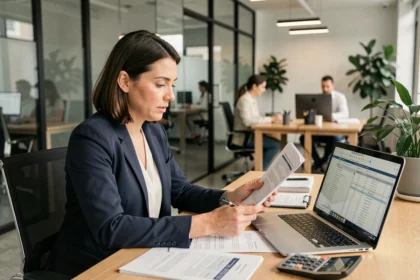 Femme consultante en portage salarial analysant des documents financiers et des frais de gestion dans un bureau moderne