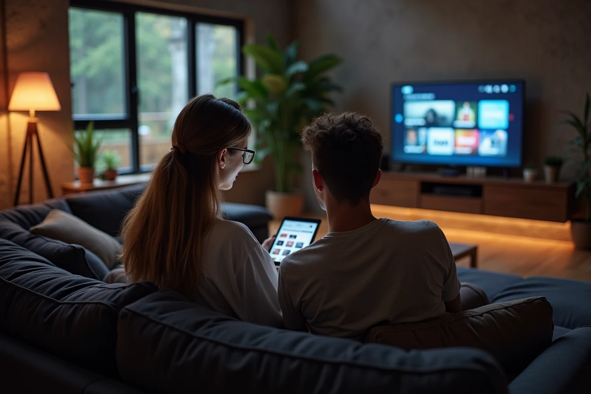 Couple comparant des offres Easytvshop sur une tablette devant leur téléviseur connecté dans un appartement urbain