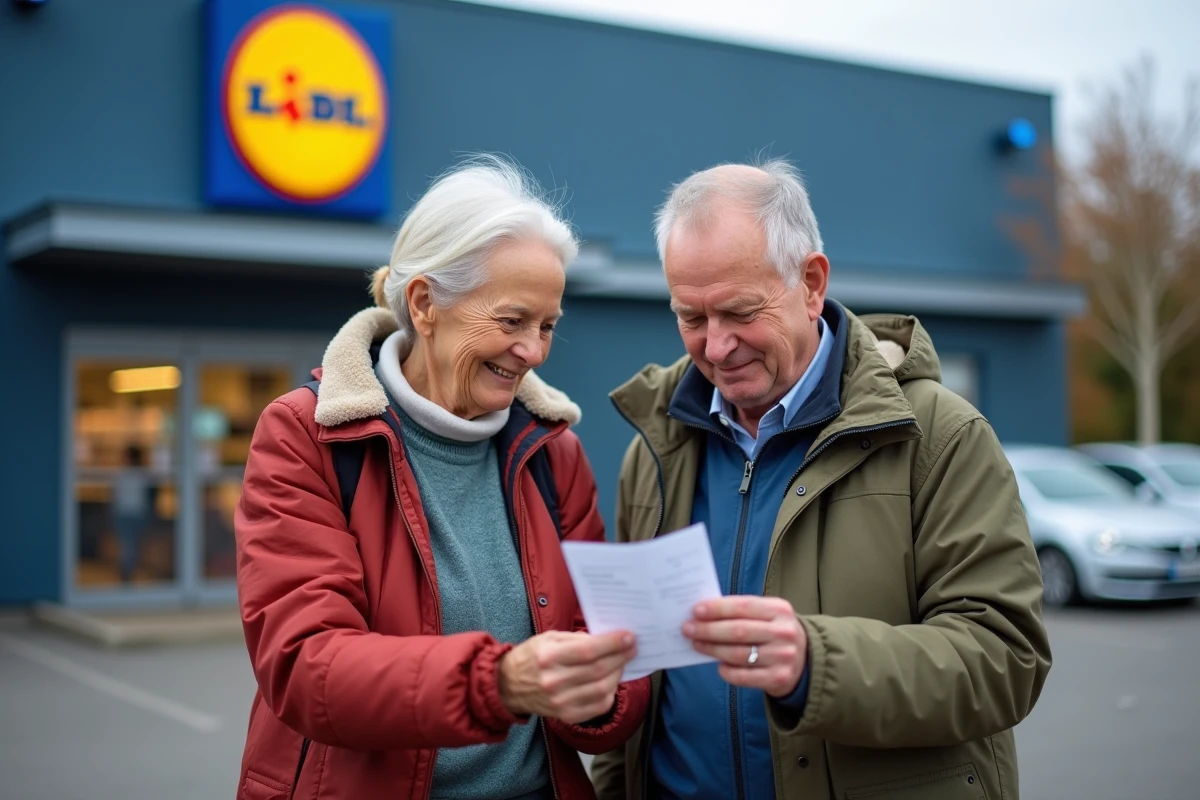Couple de seniors consultant leur carte de fidélité Lidl lofo devant un magasin Lidl, programme de récompenses clients
