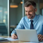 Homme d'assurance en bureau moderne avec ordinateur