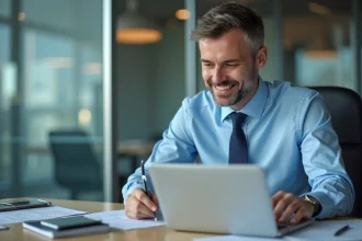 Homme d'assurance en bureau moderne avec ordinateur