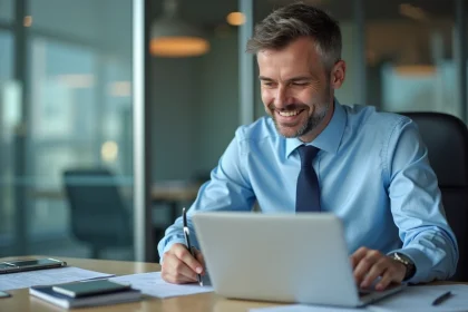 Homme d'assurance en bureau moderne avec ordinateur