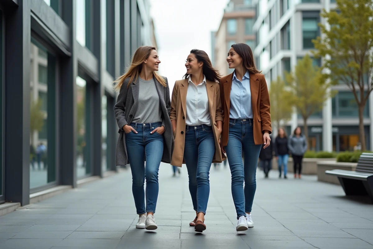 Trois collègues discutant devant un bâtiment moderne
