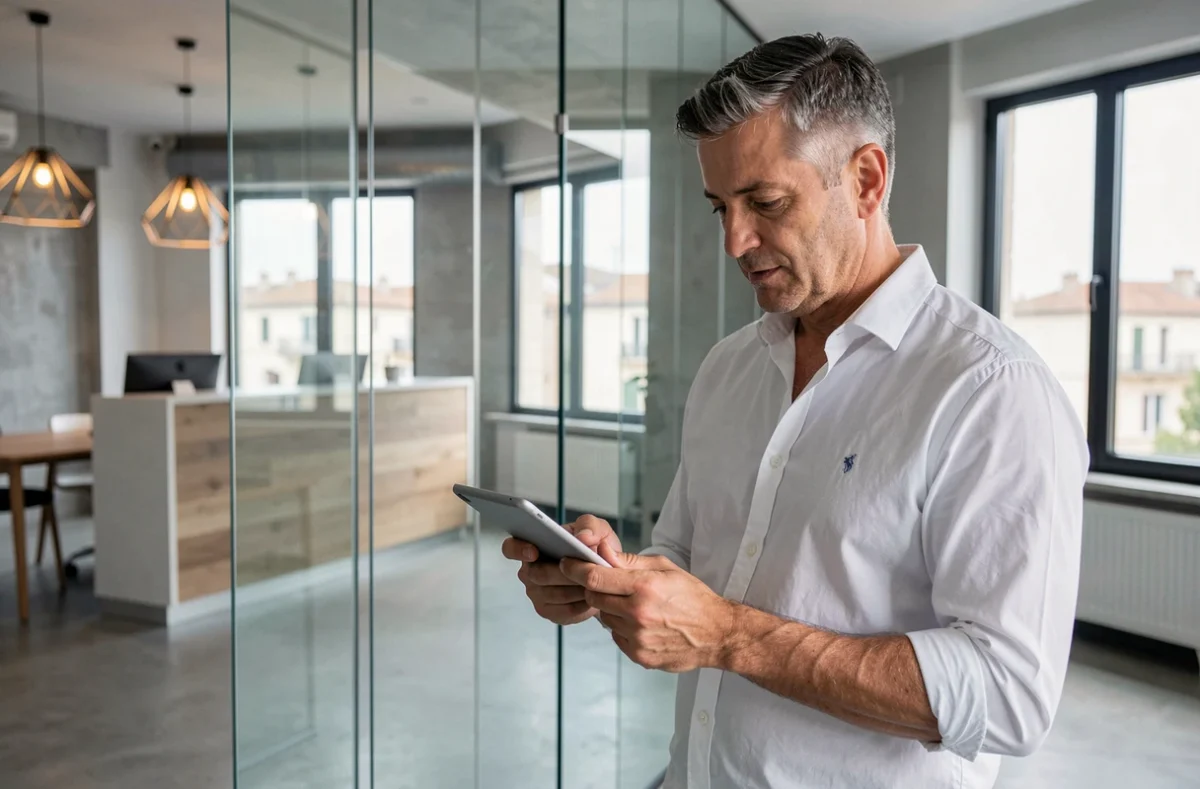 Entrepreneur masculin consultant sa tablette dans un coworking design au centre de Nîmes