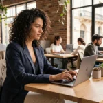 Entrepreneuse travaillant dans un espace de coworking moderne à Nîmes avec architecture romaine visible en arrière-plan
