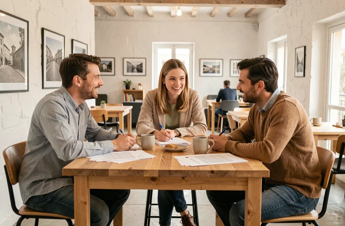 Groupe d'entrepreneurs en réunion informelle dans un espace de coworking à Nîmes