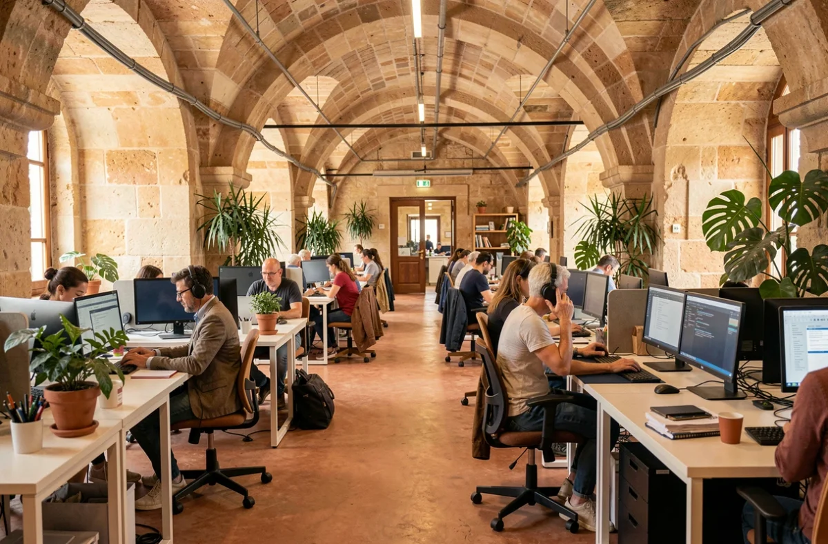 Vue d'ensemble d'un grand espace de coworking animé dans un bâtiment historique de Nîmes