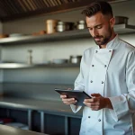Chef de pizzaur en cuisine moderne consulte un guide