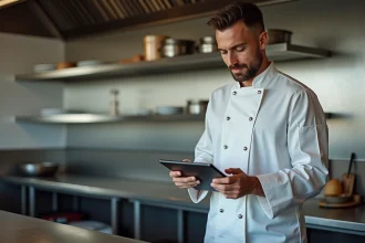 Chef de pizzaur en cuisine moderne consulte un guide