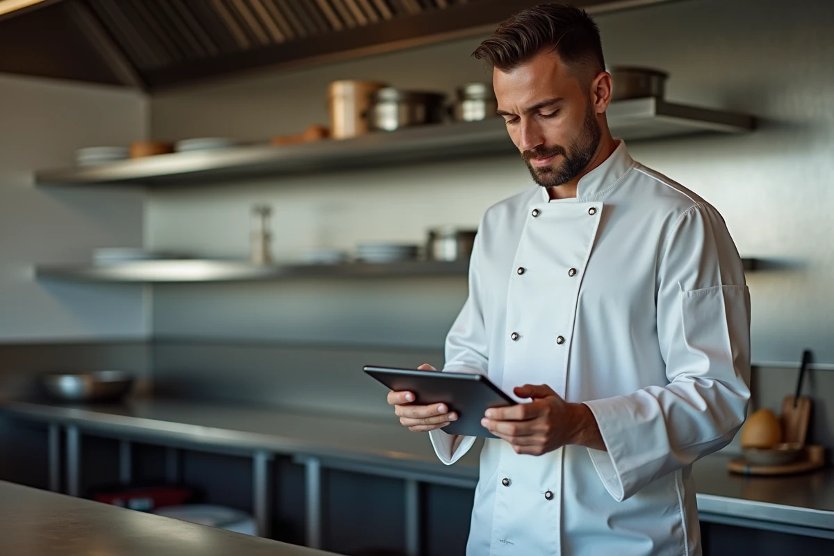 Chef de pizzaur en cuisine moderne consulte un guide