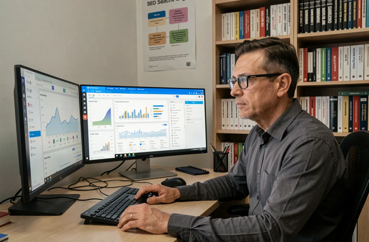 Expert SEO de Cyberscope à Niort analysant des données de référencement sur des écrans multiples affichant des tableaux de bord analytiques