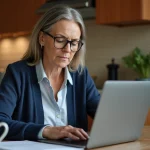 Femme d'âge mûr effectuant ses démarches administratives en ligne sur un ordinateur portable dans sa cuisine