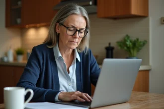 Femme d'âge mûr effectuant ses démarches administratives en ligne sur un ordinateur portable dans sa cuisine