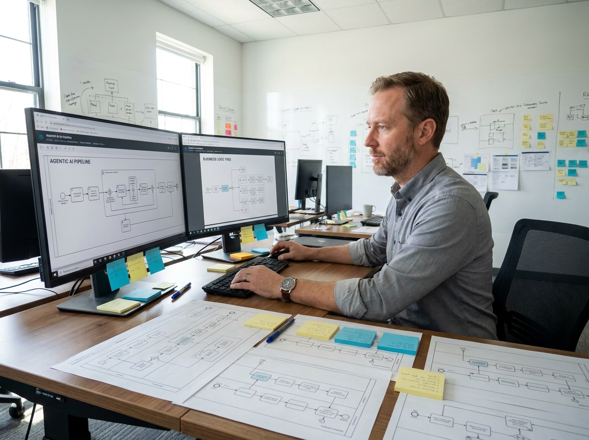 Homme développeur travaillant sur des cartes de processus BPMN et pipelines IA dans un espace de travail technique — workflows métier et intelligence artificielle