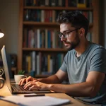 Développeur indépendant travaillant sur son side project dans un bureau à domicile entouré de notes manuscrites et d'un ordinateur portable