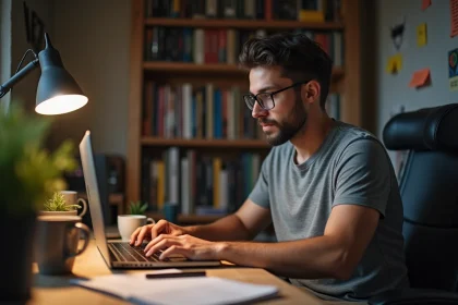 Développeur indépendant travaillant sur son side project dans un bureau à domicile entouré de notes manuscrites et d'un ordinateur portable