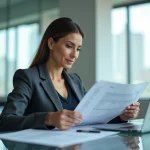 Femme cadre en blazer gris analysant des documents financiers dans un bureau d'entreprise moderne, illustrant les différences entre structures d'investissement SDLS