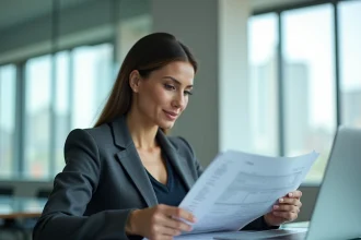 Femme cadre en blazer gris analysant des documents financiers dans un bureau d'entreprise moderne, illustrant les différences entre structures d'investissement SDLS
