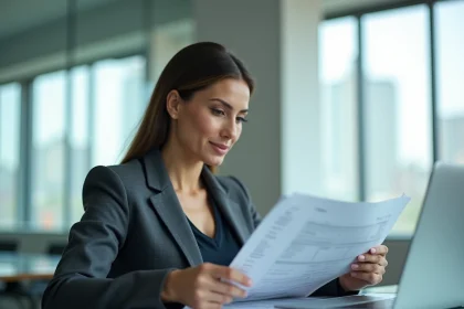 Femme cadre en blazer gris analysant des documents financiers dans un bureau d'entreprise moderne, illustrant les différences entre structures d'investissement SDLS