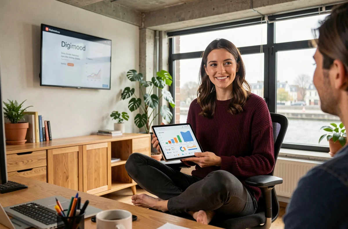 Consultante de Digimood à Ivry-sur-Seine analysant des performances Google Ads sur tablette