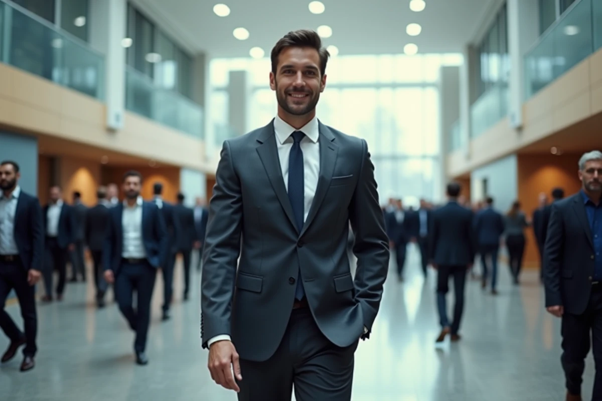 Grand homme en costume gris marchant dans un centre de conférences technologiques européen, évoquant la présence physique d'un dirigeant de startup française comme Mistral AI