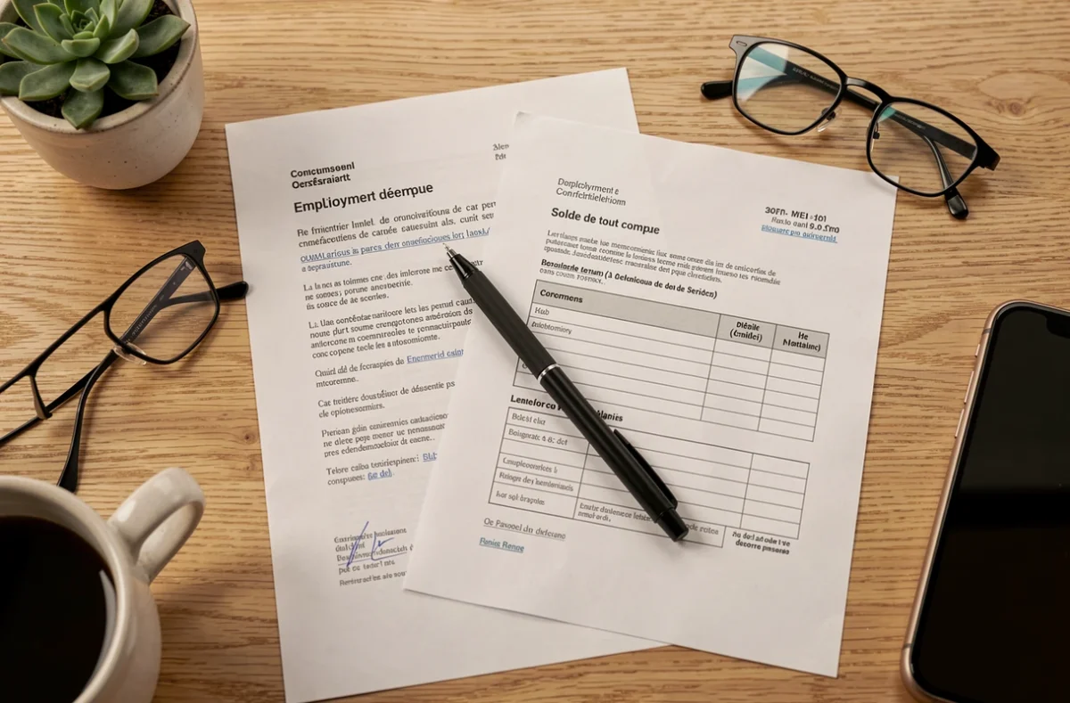 Documents solde de tout compte et contrat de travail posés sur un bureau avec stylo et lunettes