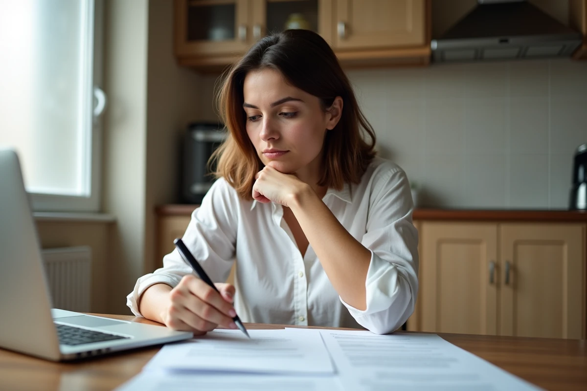 Femme étudiant ses droits au chômage après un licenciement pour faute grave à son domicile