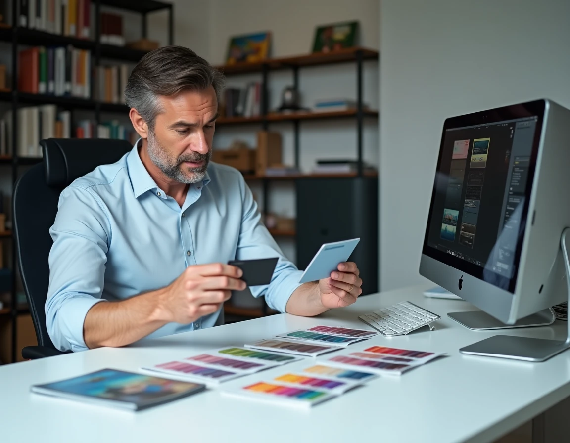 Designer graphique comparant des échantillons d'impression de cartes de visite et brochures dans un studio parisien