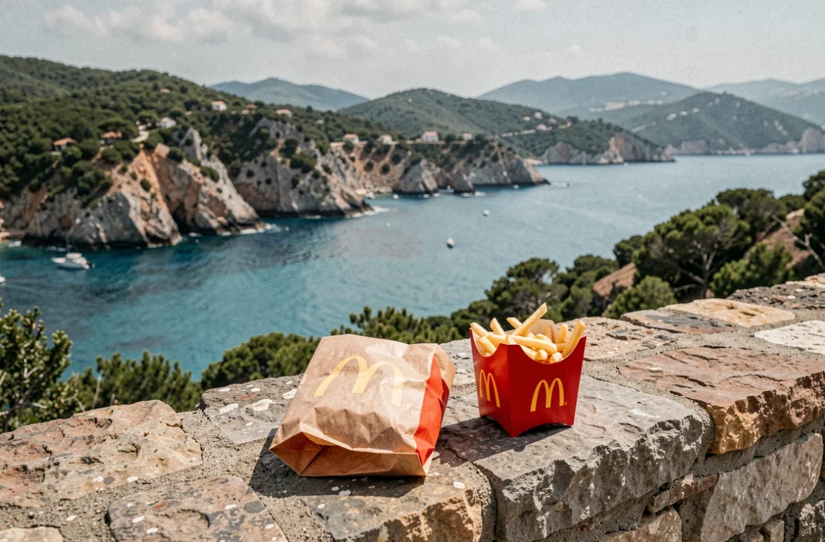 Emballages McDonald's posés sur un muret en pierre face au littoral sauvage de la Corse avec mer turquoise et maquis