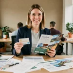 Employée tenant une carte cadeau et une brochure de vacances au bureau, illustration des avantages CSE Chronopost 2026