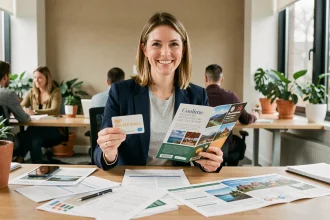 Employée tenant une carte cadeau et une brochure de vacances au bureau, illustration des avantages CSE Chronopost 2026